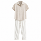 Orlian men's beige shirt and ivory trousers set on white studio background