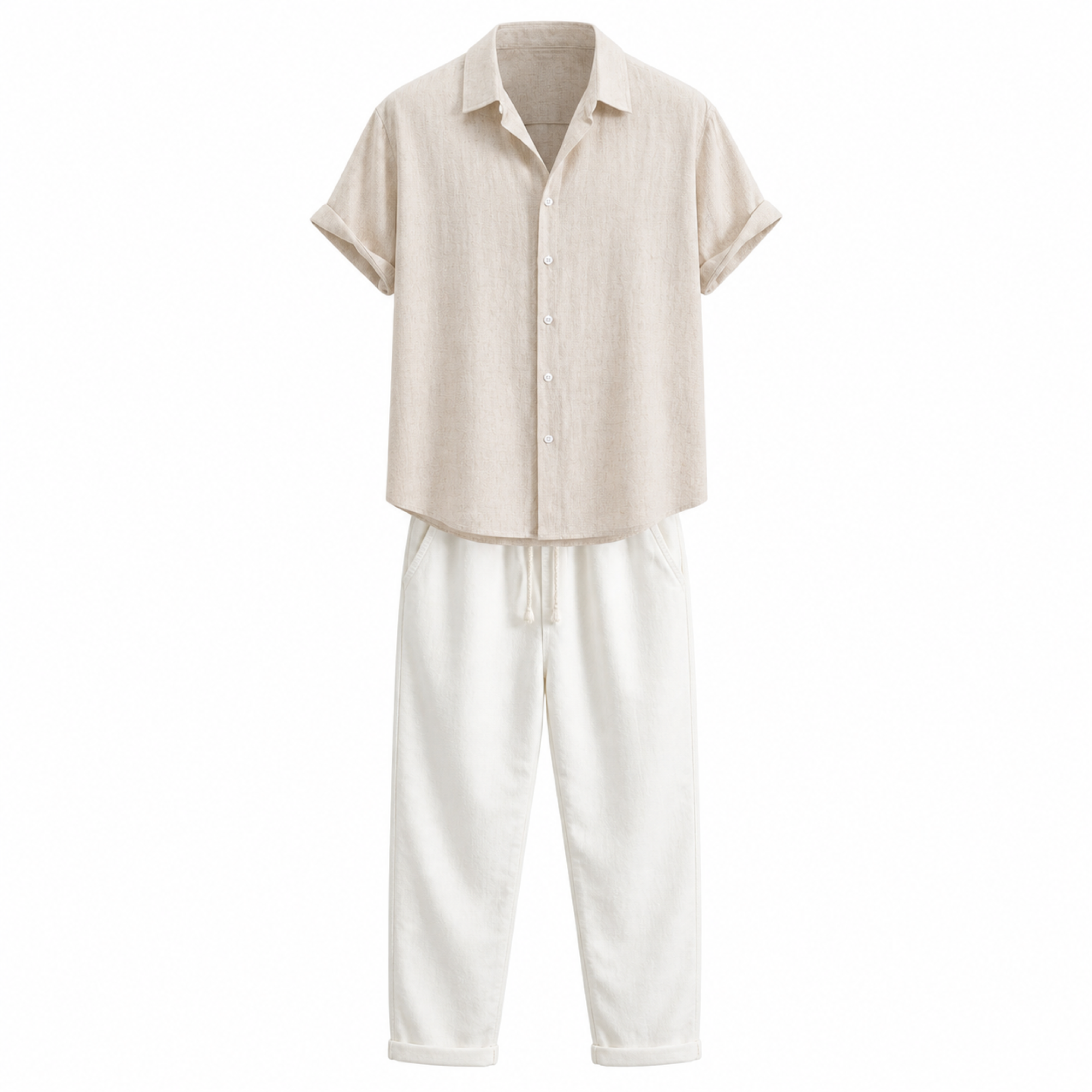 Orlian men's beige shirt and ivory trousers set on white studio background