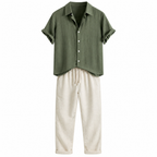 Orlian men's green shirt and ivory trousers set on white studio background