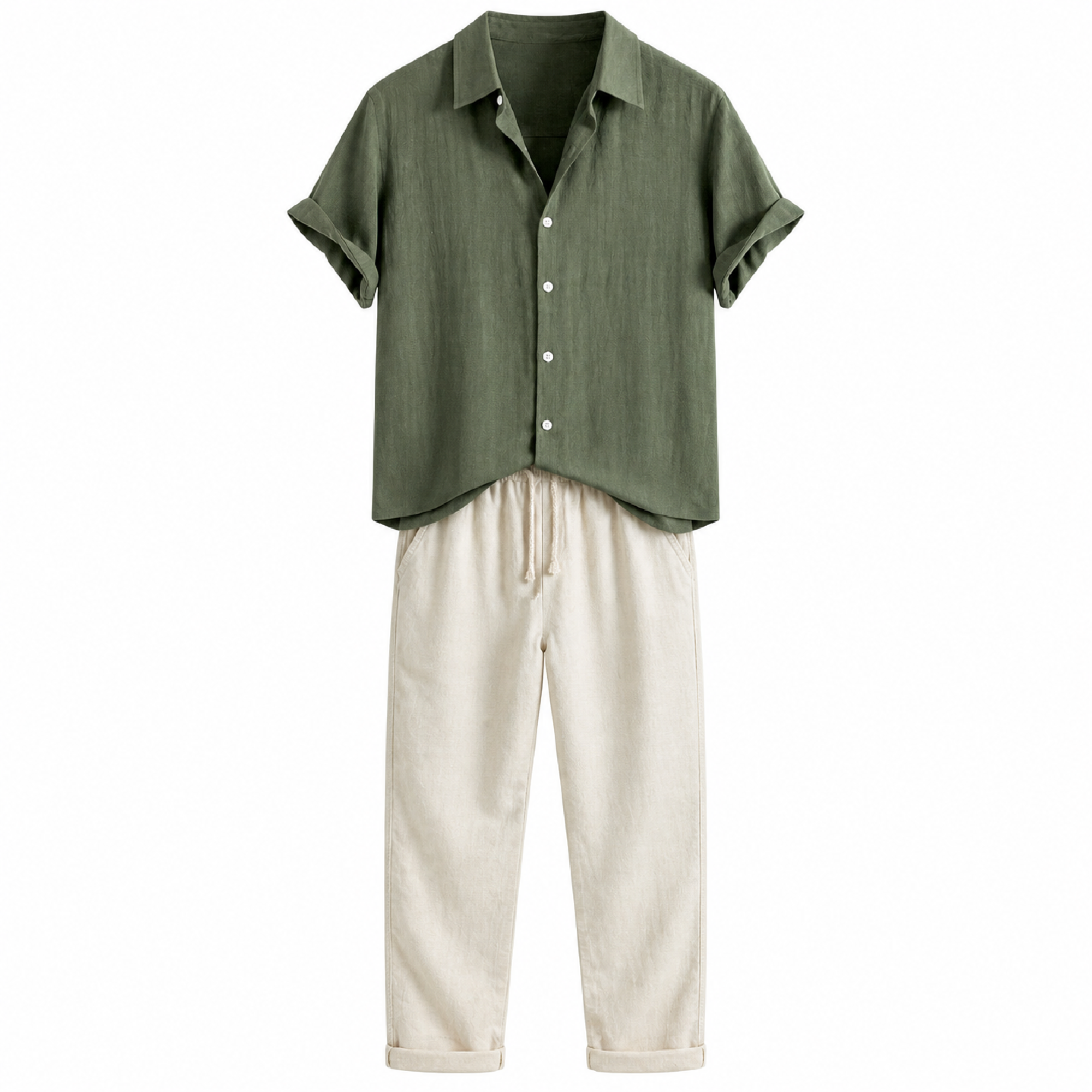 Orlian men's green shirt and ivory trousers set on white studio background