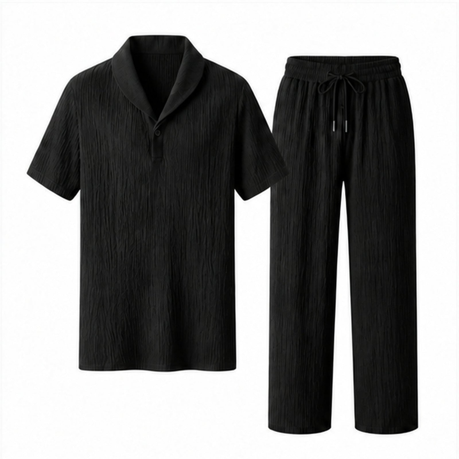 Ornor black textured shirt and drawstring trousers set on pure white background