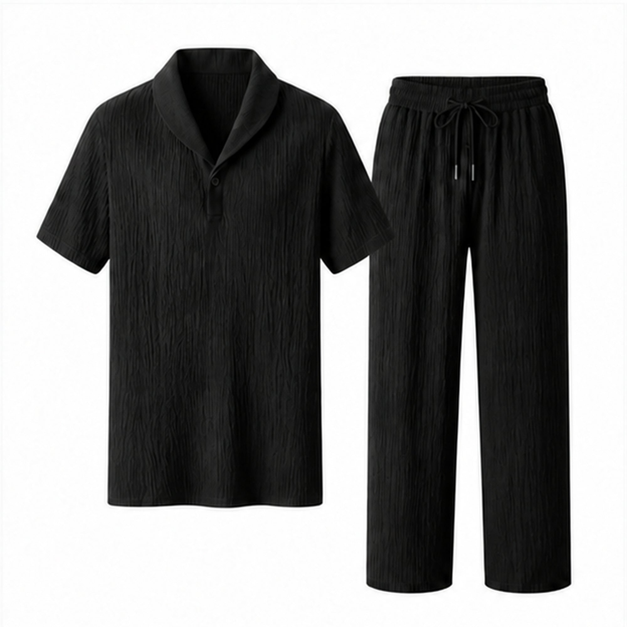Ornor black textured shirt and drawstring trousers set on pure white background