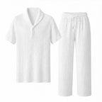 Ornor white textured shirt and drawstring trousers set on pure white background