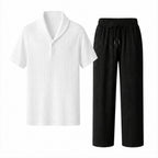 Ornor white textured shirt and black drawstring trousers on pure white background