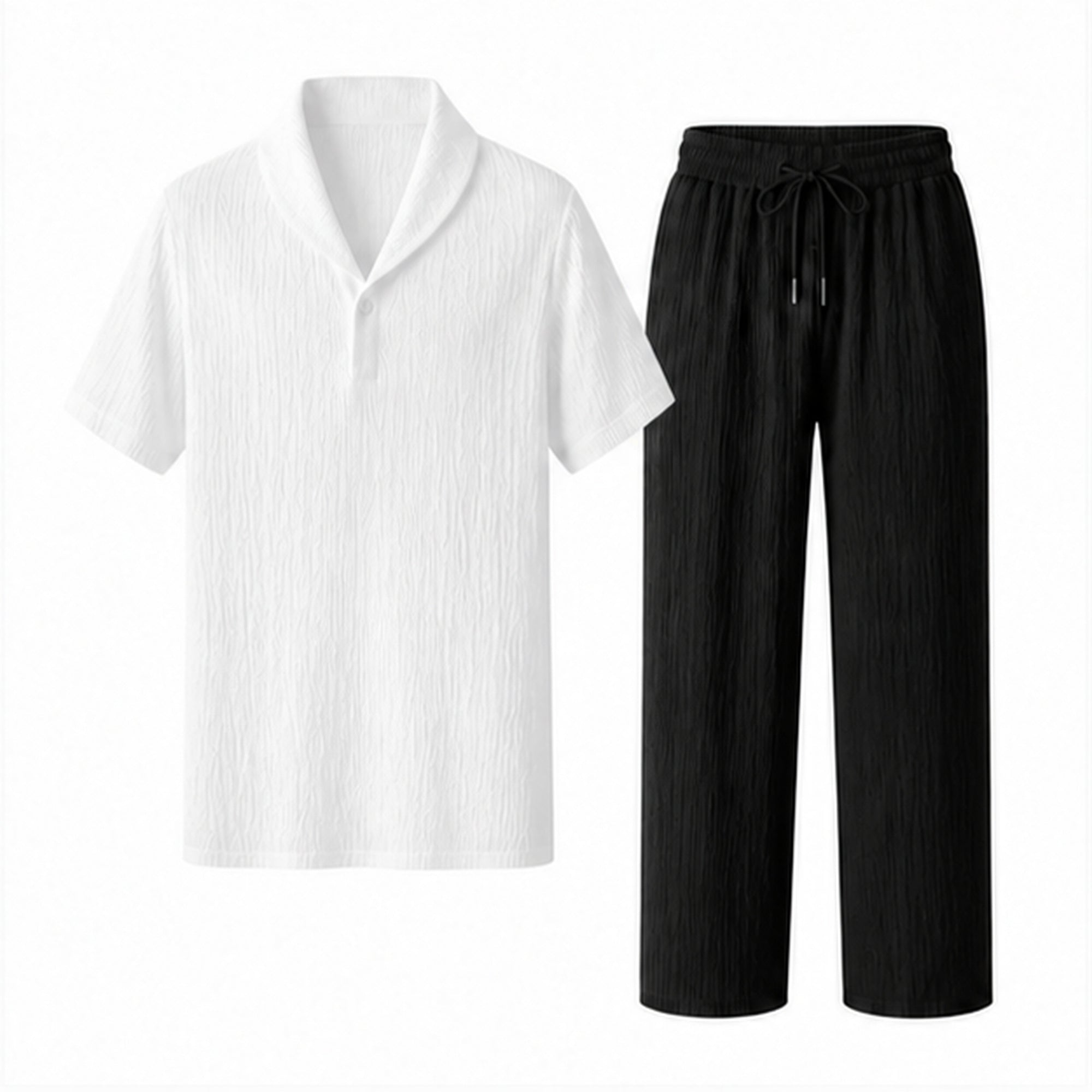 Ornor white textured shirt and black drawstring trousers on pure white background
