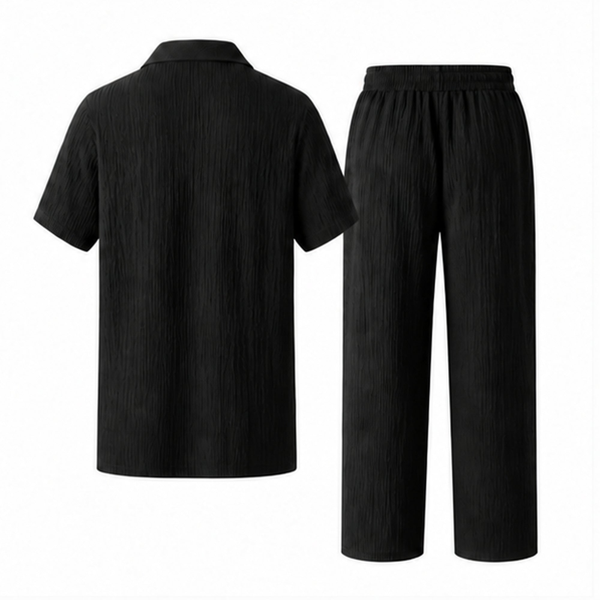 Ornor black textured shirt and drawstring trousers set rear view on pure white background