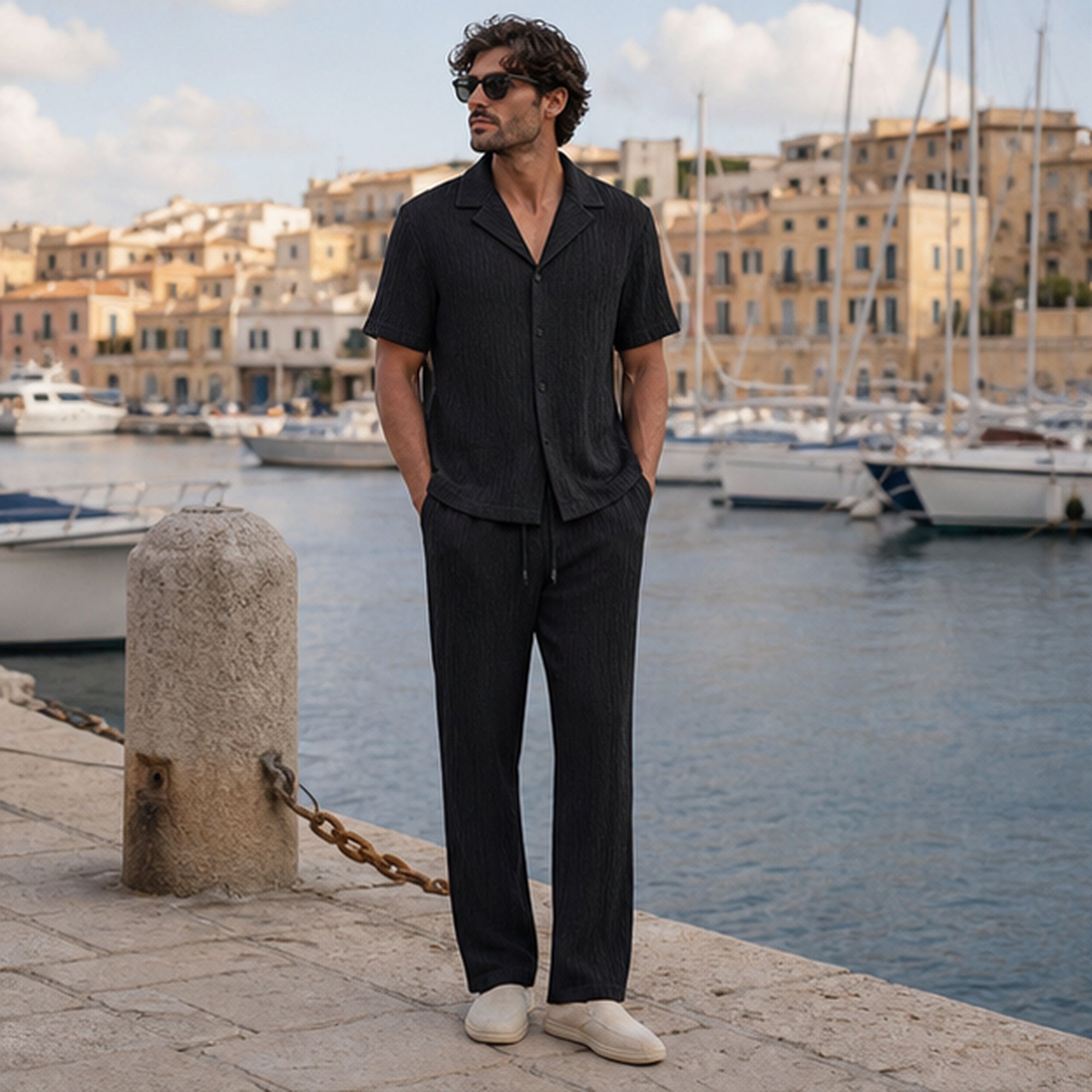 Ornor black textured coordinated set styled at a Mediterranean marina