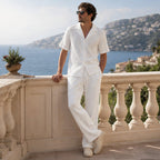 Ornor white textured coordinated set styled on a sea-view terrace