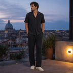 Ornor black textured coordinated set styled on a city rooftop