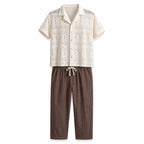 Orvento ivory geometric openwork shirt and brown drawstring trousers, front ghost mannequin view