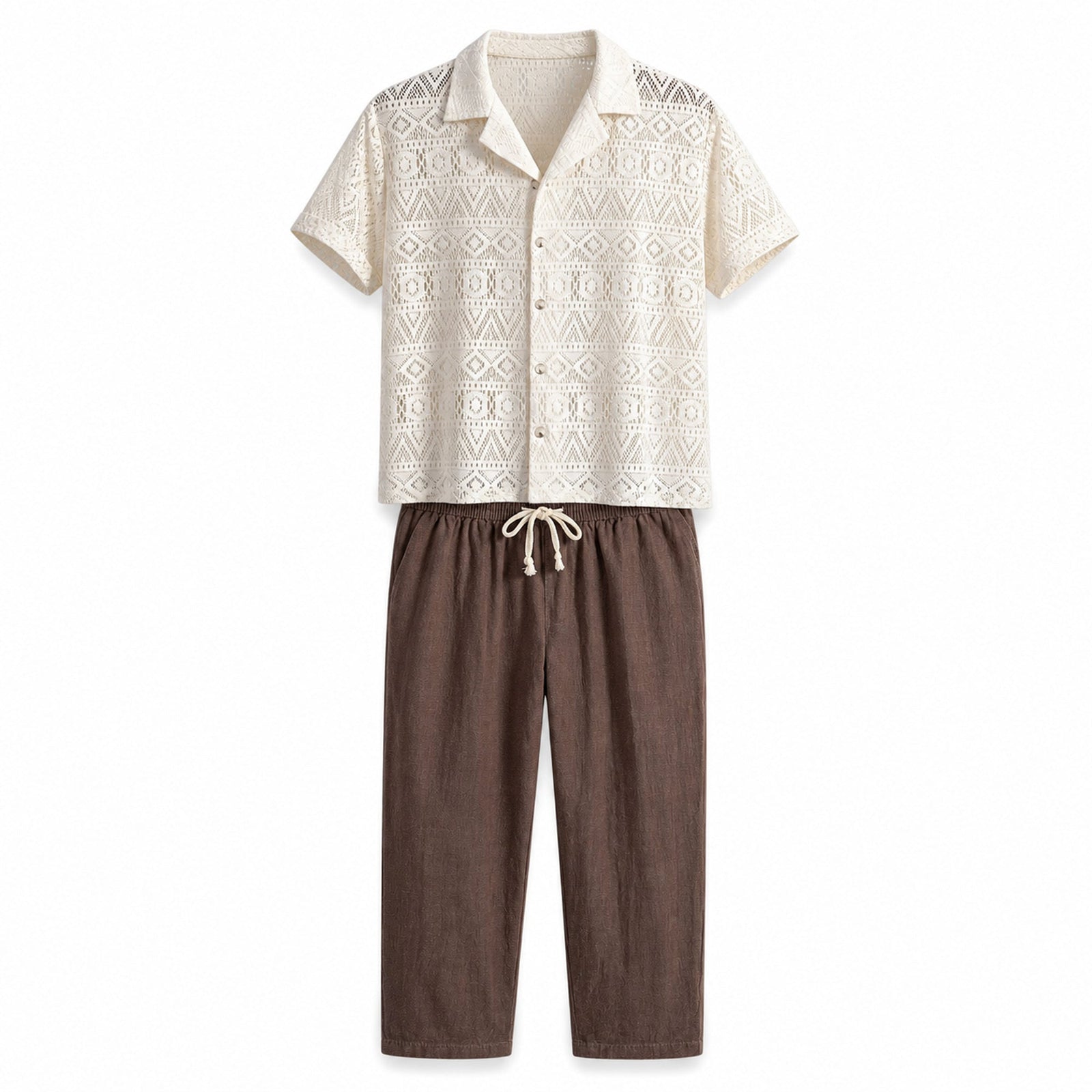 Orvento ivory geometric openwork shirt and brown drawstring trousers, front ghost mannequin view