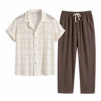 Orvento ivory geometric openwork shirt and brown drawstring trousers, studio flat lay
