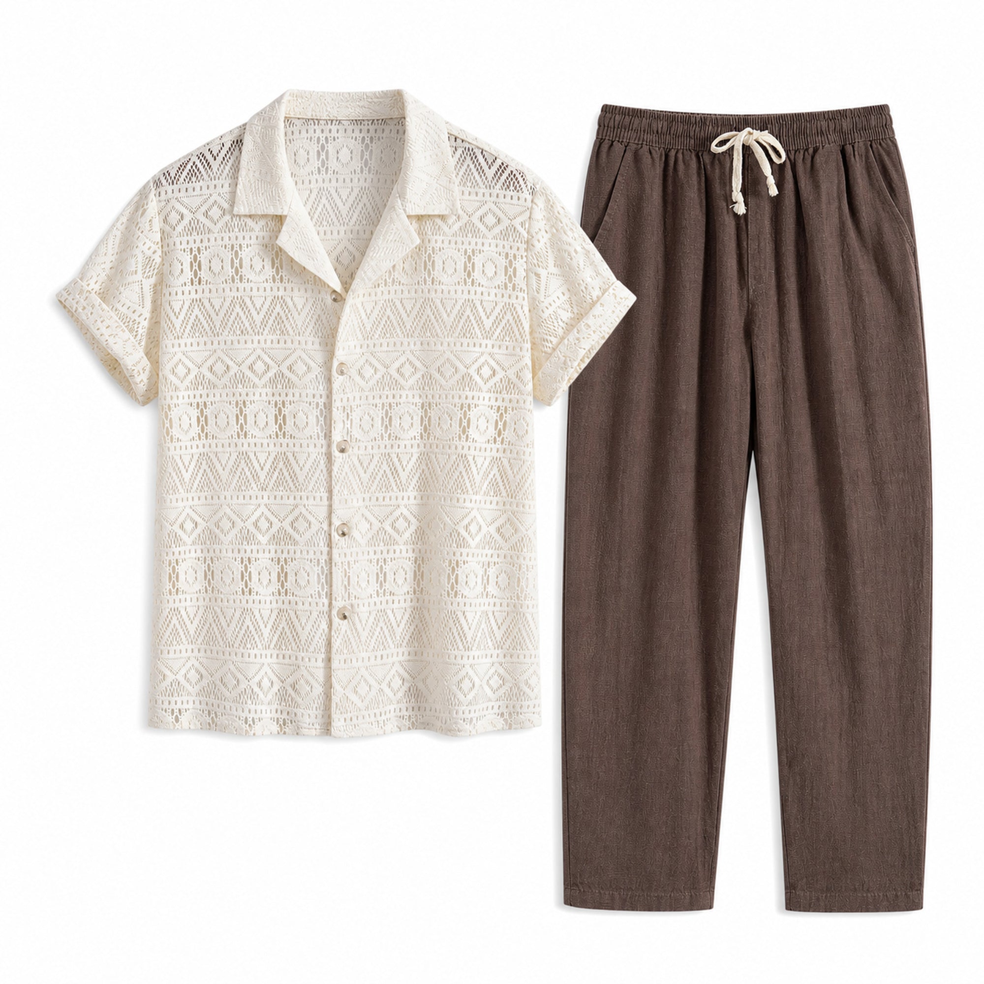Orvento ivory geometric openwork shirt and brown drawstring trousers, studio flat lay