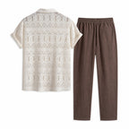Orvento ivory geometric openwork shirt and brown trousers, rear studio view