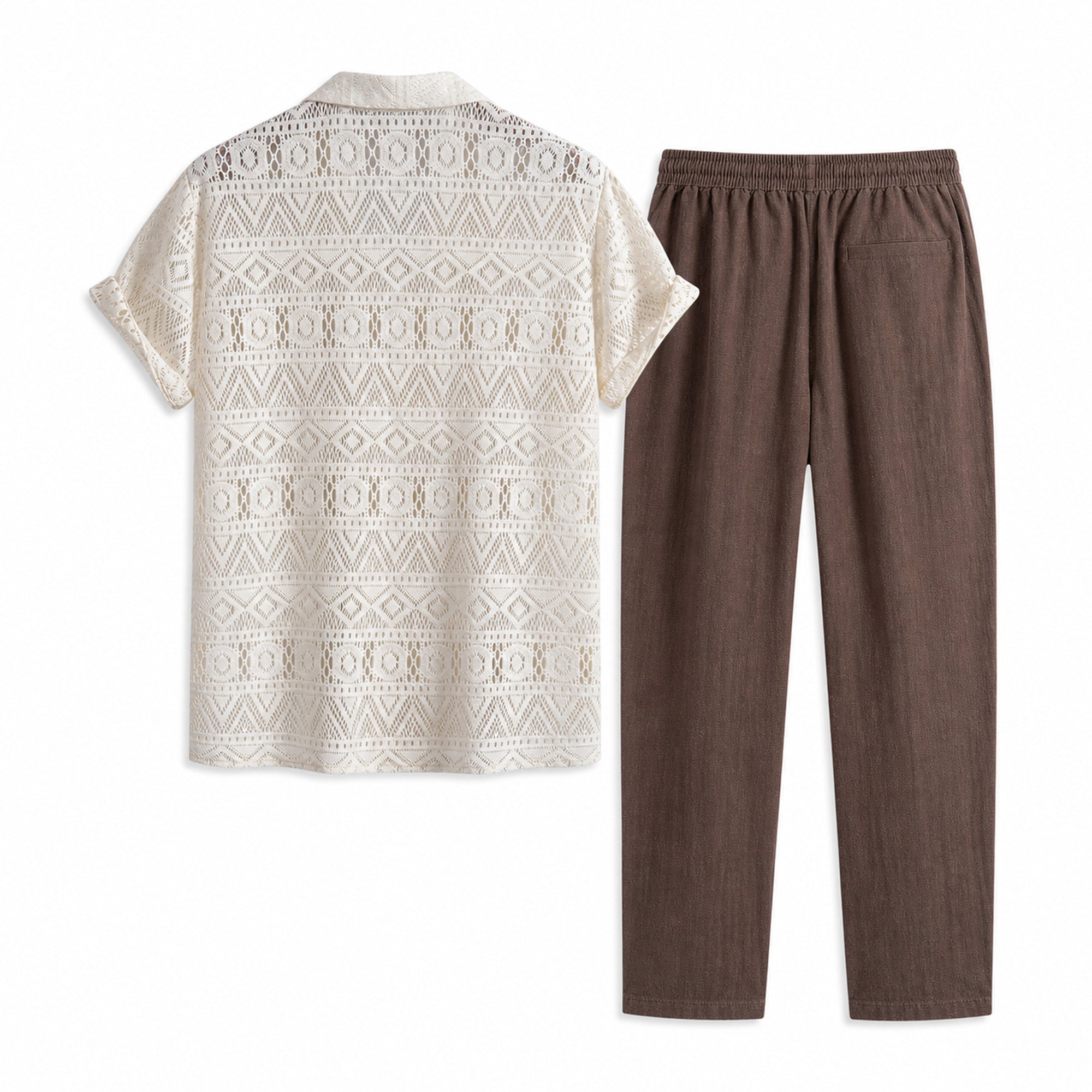 Orvento ivory geometric openwork shirt and brown trousers, rear studio view