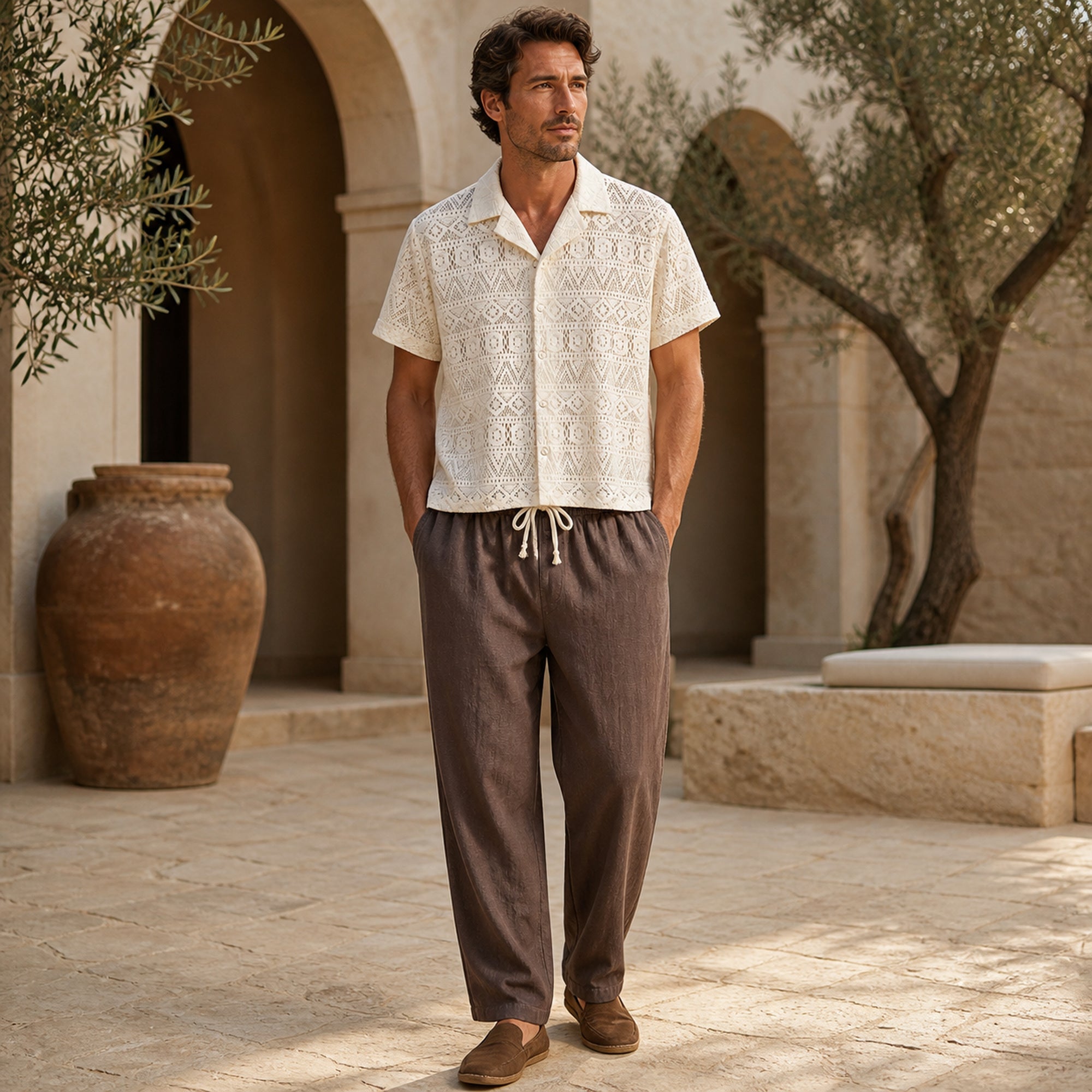Orvento outfit styled at a pale stone resort