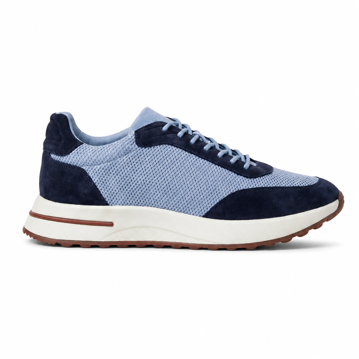 Men's Bruce & Co Orvessa baby blue and navy mesh casual sneakers – side profile on white