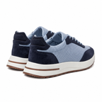 Men's Bruce & Co Orvessa baby blue and navy mesh casual sneakers – rear angle on white