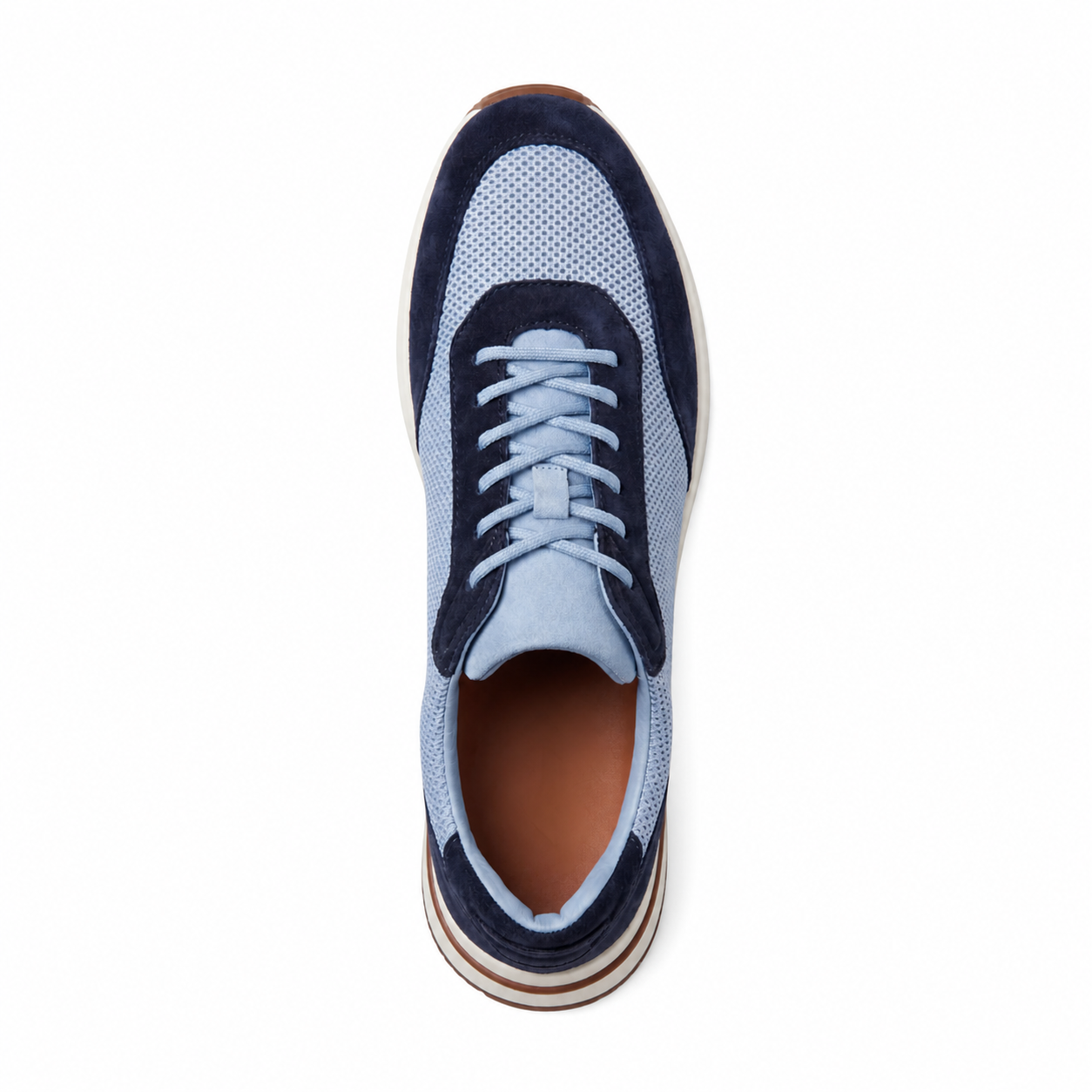 Men's Bruce & Co Orvessa baby blue and navy mesh casual sneakers – top view on white