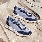 Men's Bruce & Co Orvessa baby blue and navy mesh casual sneakers – editorial still life