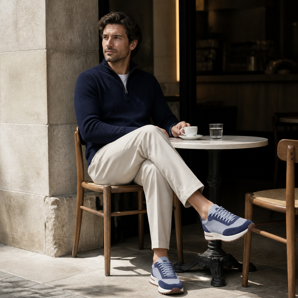 Men's Bruce & Co Orvessa baby blue and navy mesh casual sneakers – cafe lifestyle