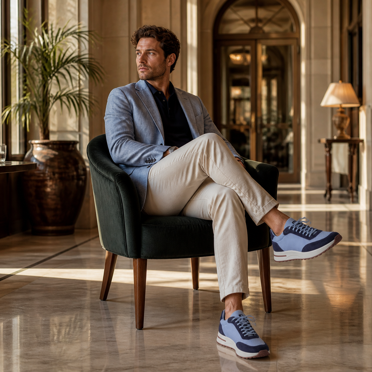 Men's Bruce & Co Orvessa baby blue and navy mesh casual sneakers – hotel lifestyle