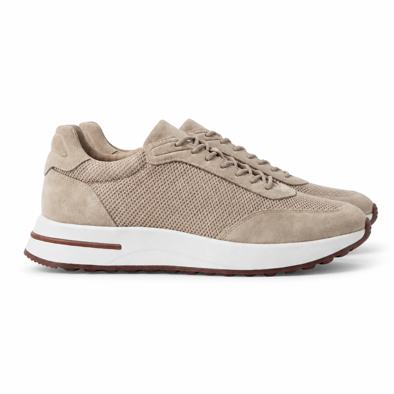 Bruce & Co Orvessa beige suede-look mesh sneakers side view