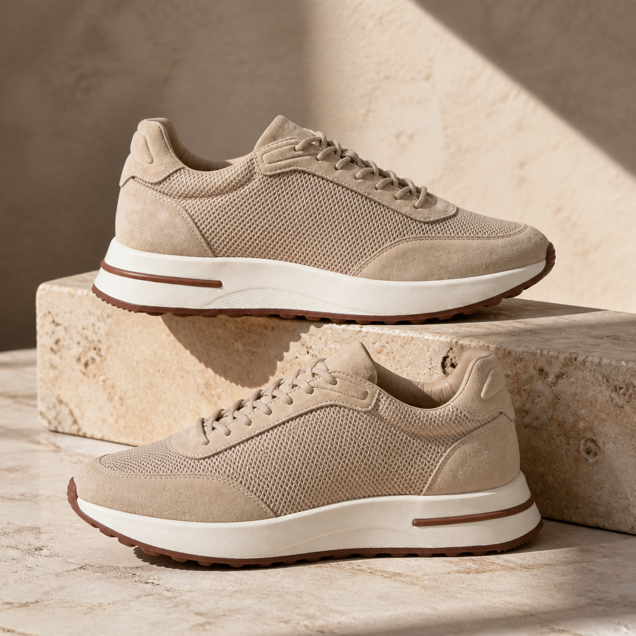 Bruce & Co Orvessa beige sneakers on travertine