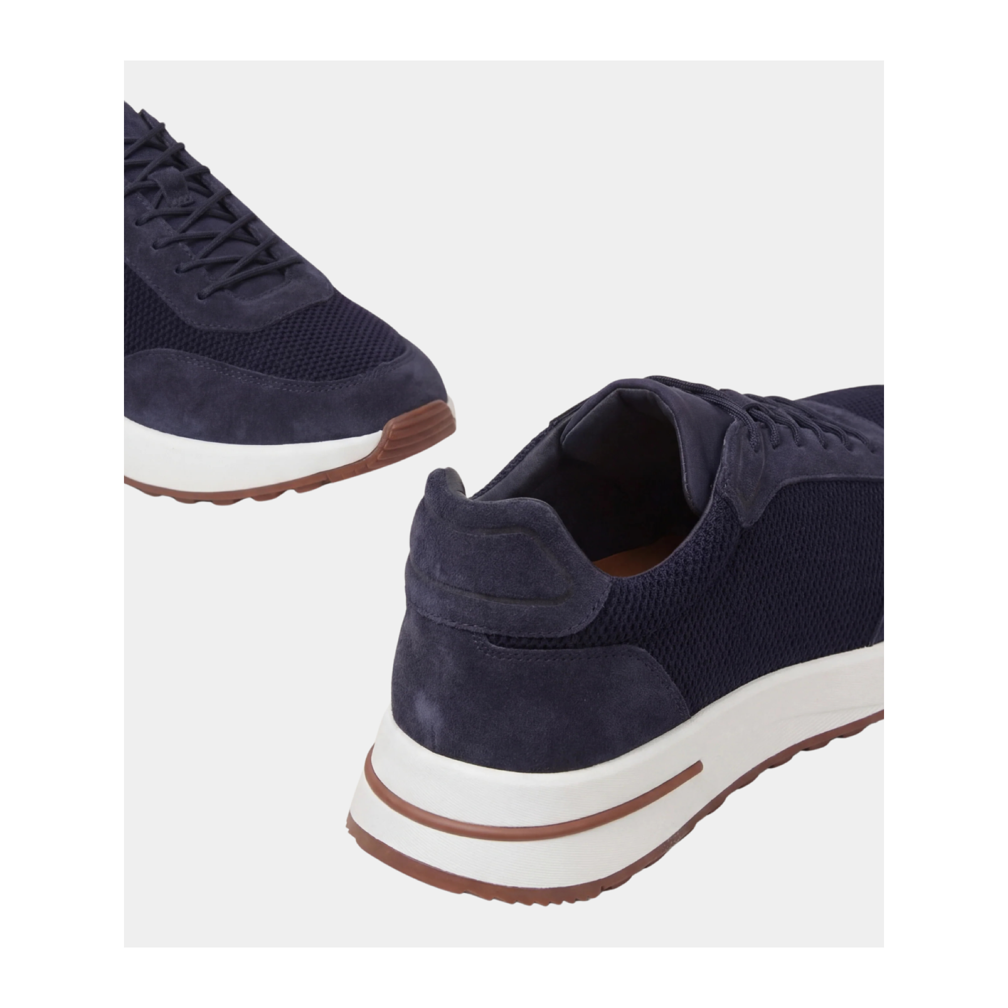 Orvessa navy suede and mesh sneakers, rear and toe details on white