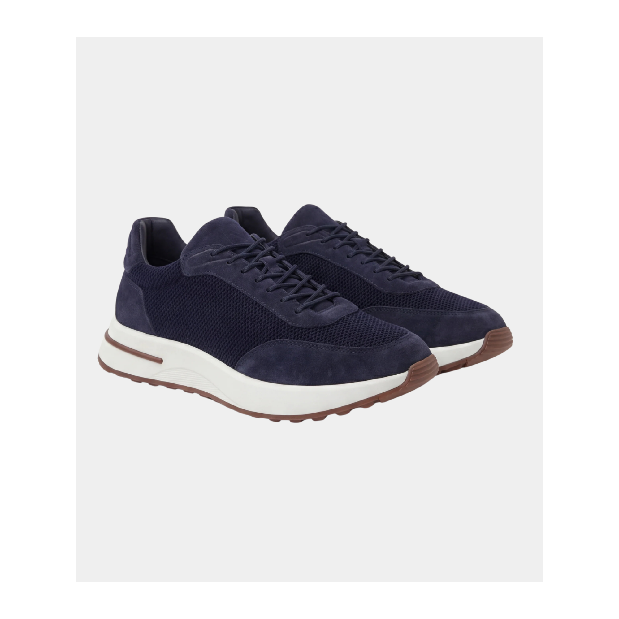 Orvessa navy suede and mesh sneakers, three-quarter view on white