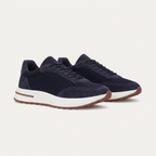 Orvessa navy suede and mesh sneakers, editorial three-quarter view