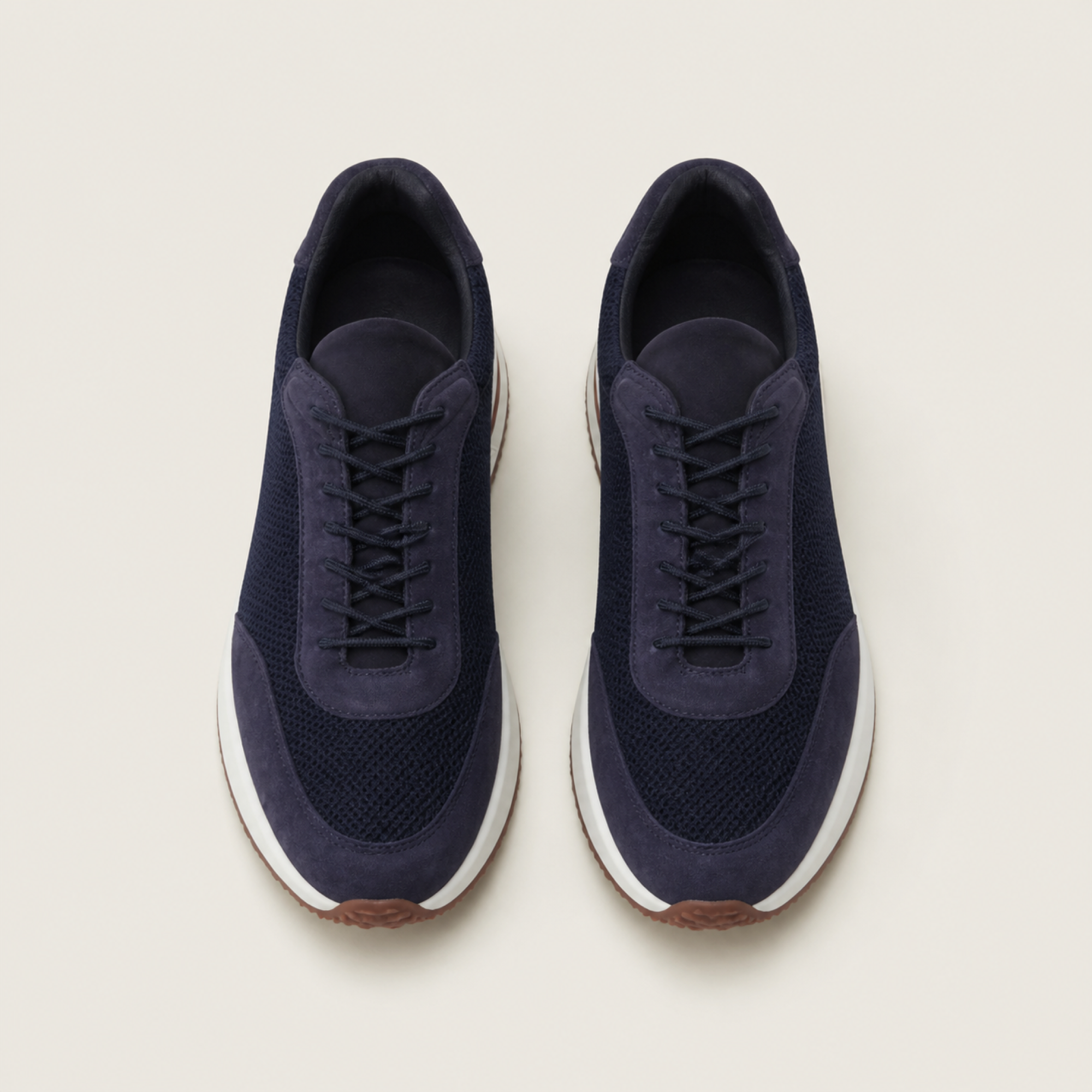 Orvessa navy suede and mesh sneakers, editorial top view