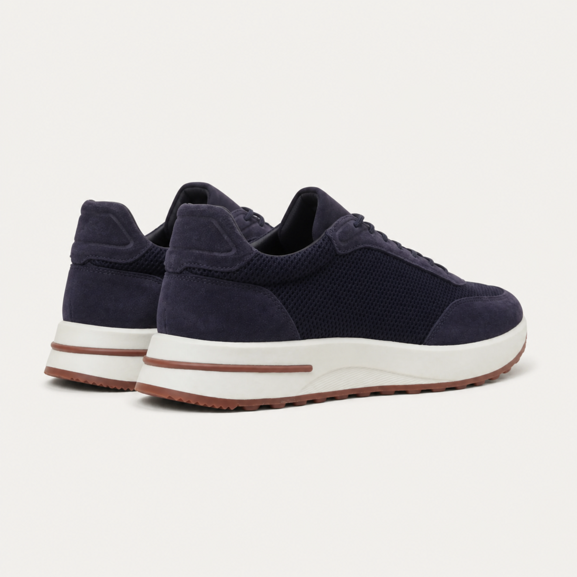 Orvessa navy suede and mesh sneakers, editorial rear view