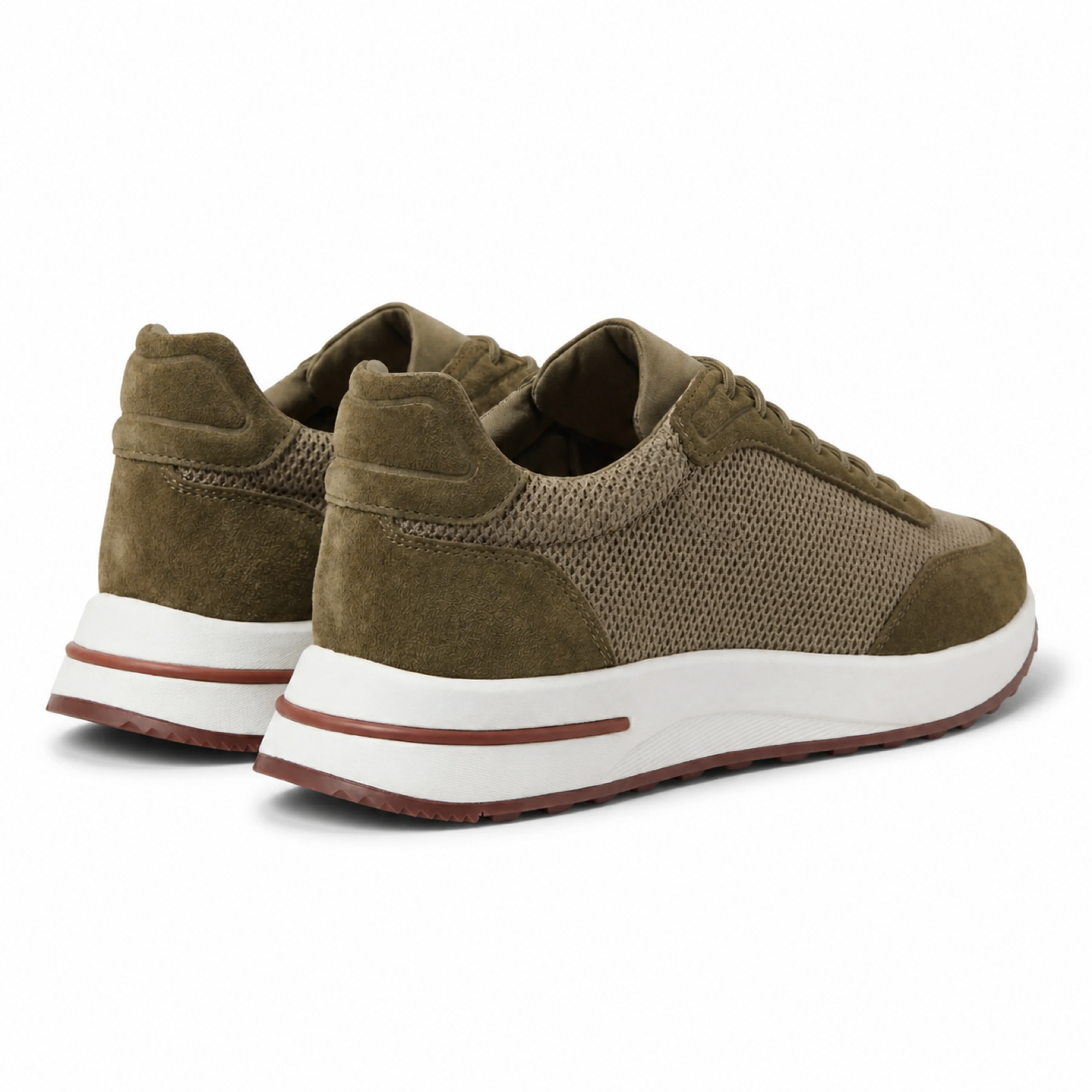 Orvessa olive suede-mesh runner sneakers, rear three-quarter view