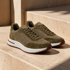 Orvessa olive suede-mesh runner sneakers on sunlit travertine
