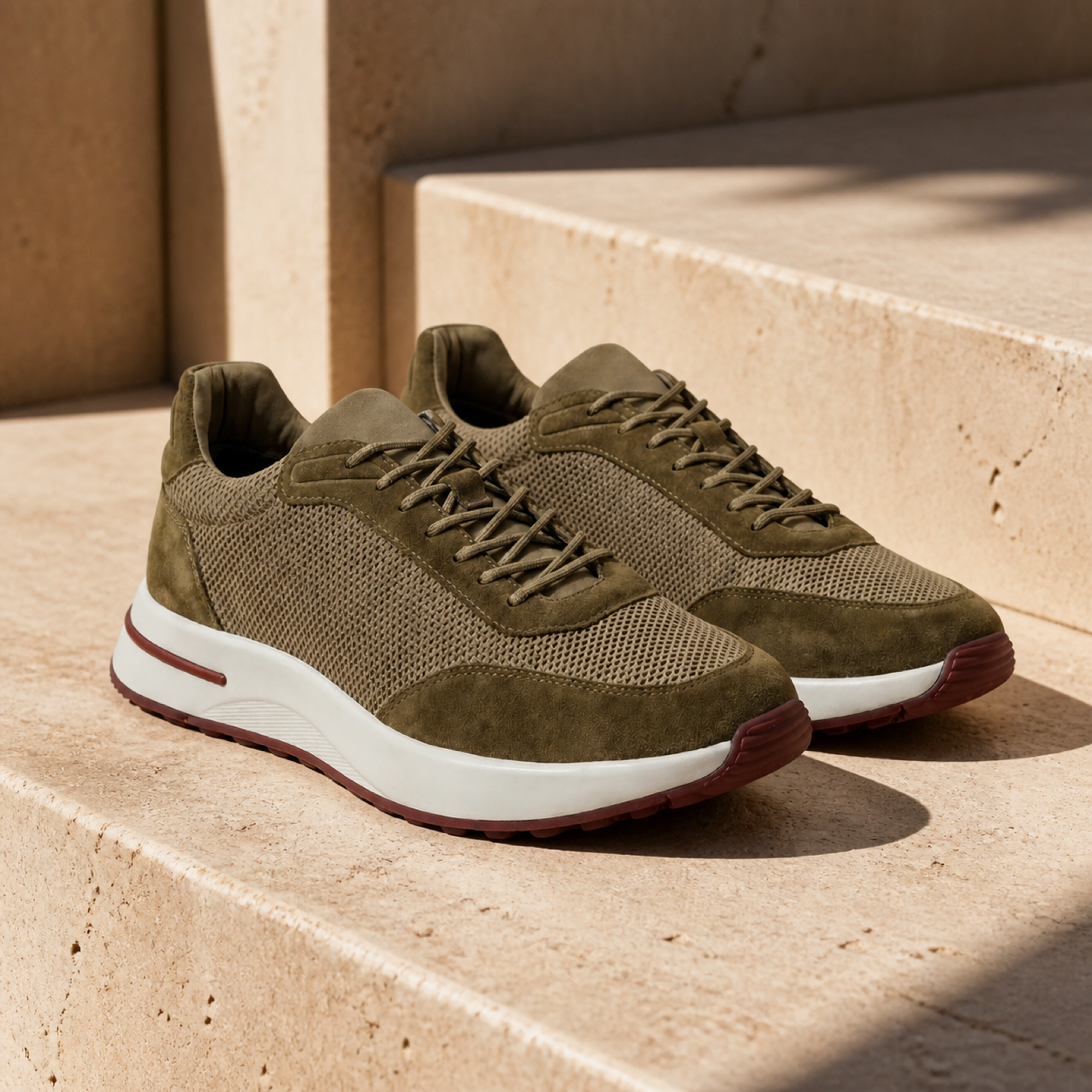 Orvessa olive suede-mesh runner sneakers on sunlit travertine