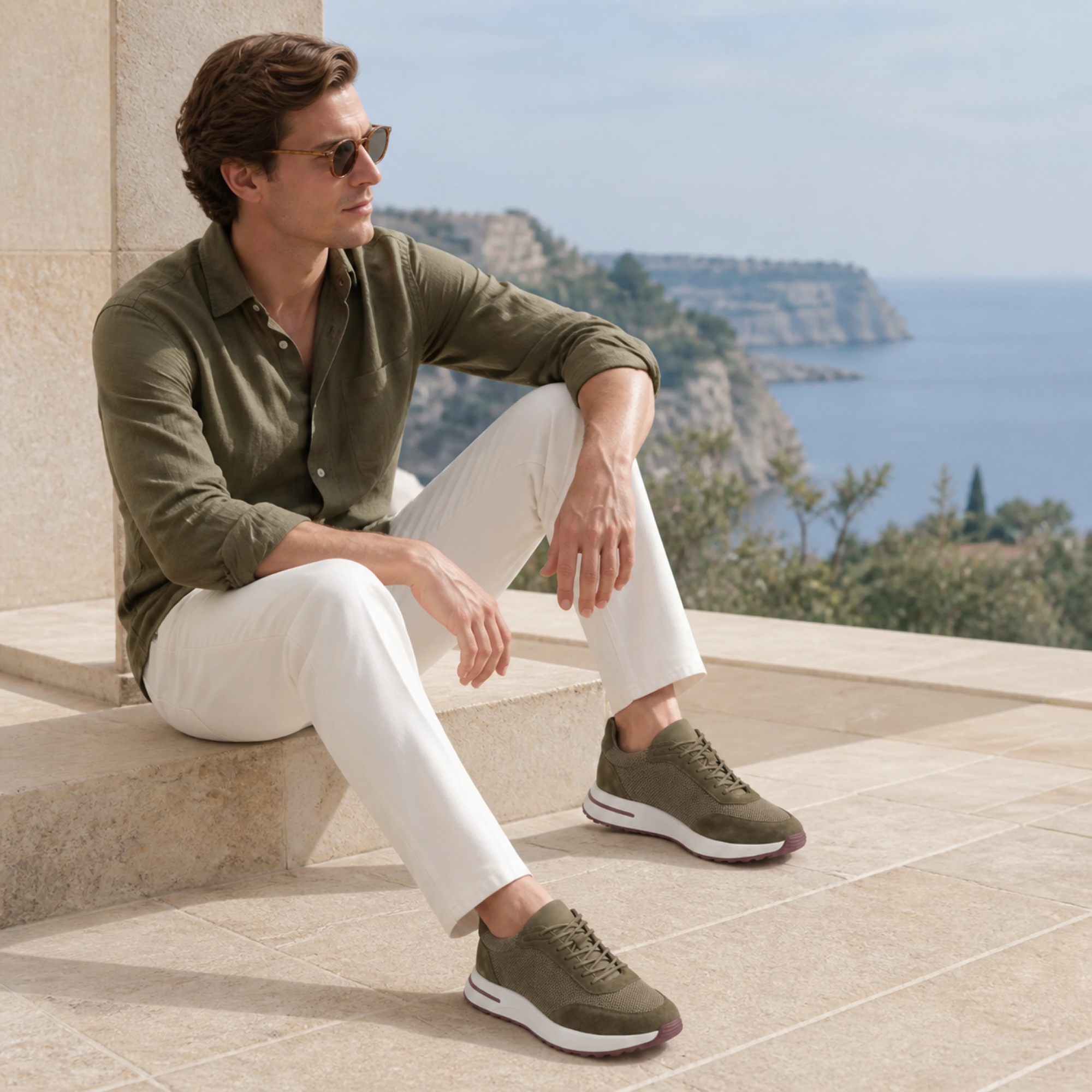 Orvessa olive suede-mesh runners in a coastal smart-casual look