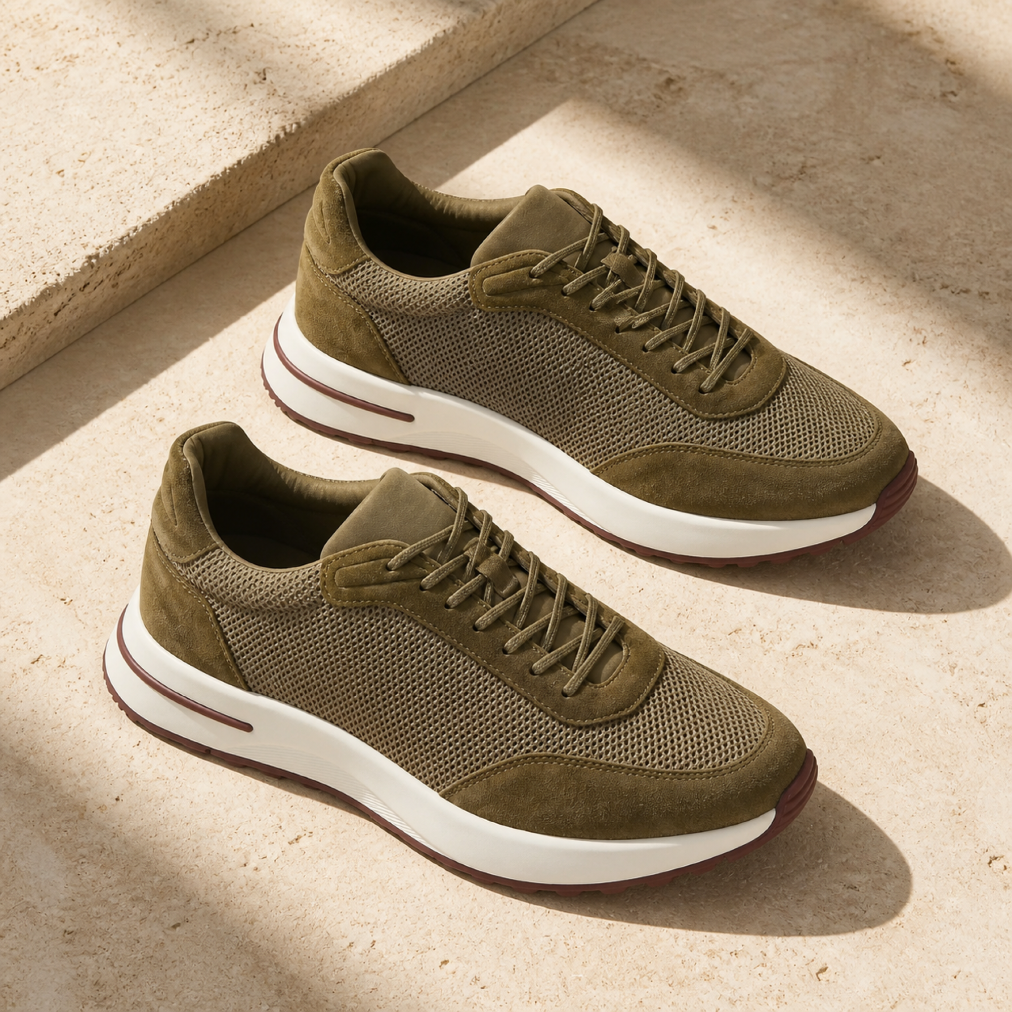 Orvessa olive suede-mesh runner sneakers, editorial flat lay
