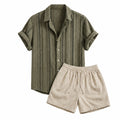 Palelian darkgreen geometric jacquard shirt and stone shorts set on pure white background