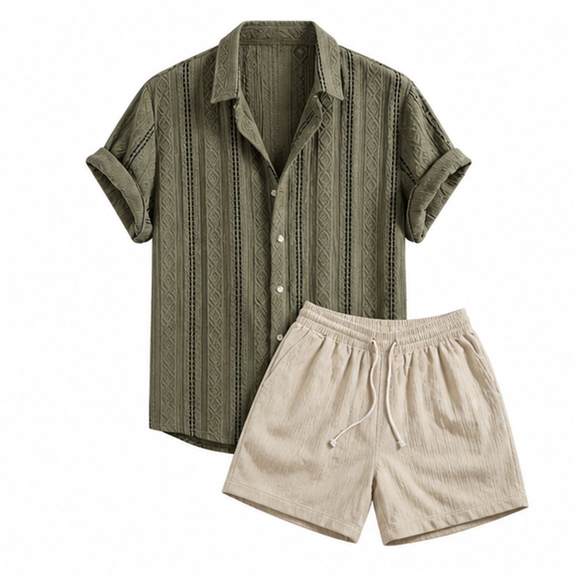 Palelian darkgreen geometric jacquard shirt and stone shorts set on pure white background