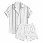 Palelian white geometric jacquard shirt and white shorts set on pure white background