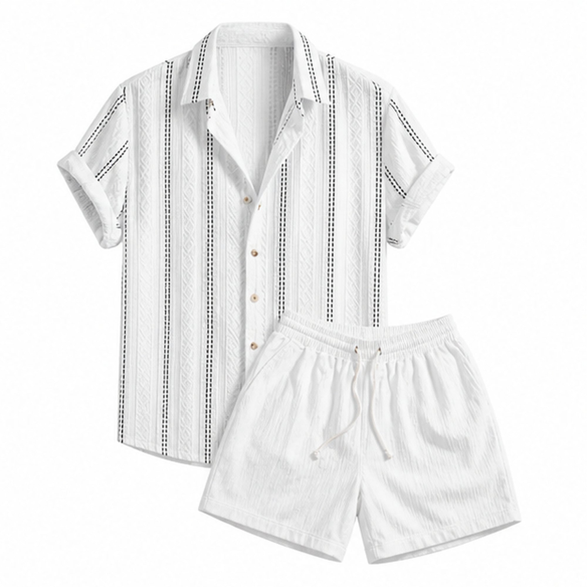 Palelian white geometric jacquard shirt and white shorts set on pure white background