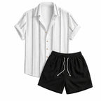 Palelian white geometric jacquard shirt and black shorts set on pure white background
