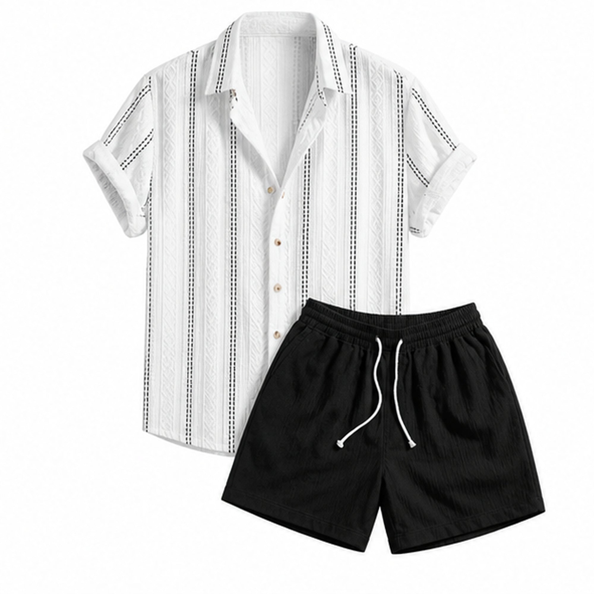 Palelian white geometric jacquard shirt and black shorts set on pure white background