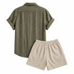 Palelian darkgreen geometric jacquard shirt and stone shorts rear view on pure white background