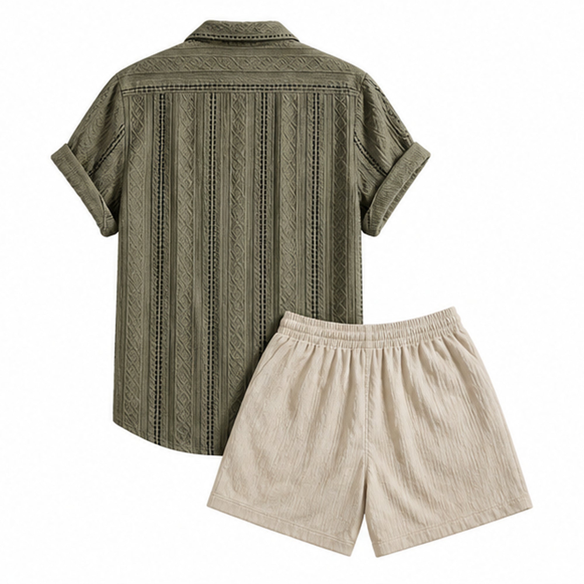 Palelian darkgreen geometric jacquard shirt and stone shorts rear view on pure white background