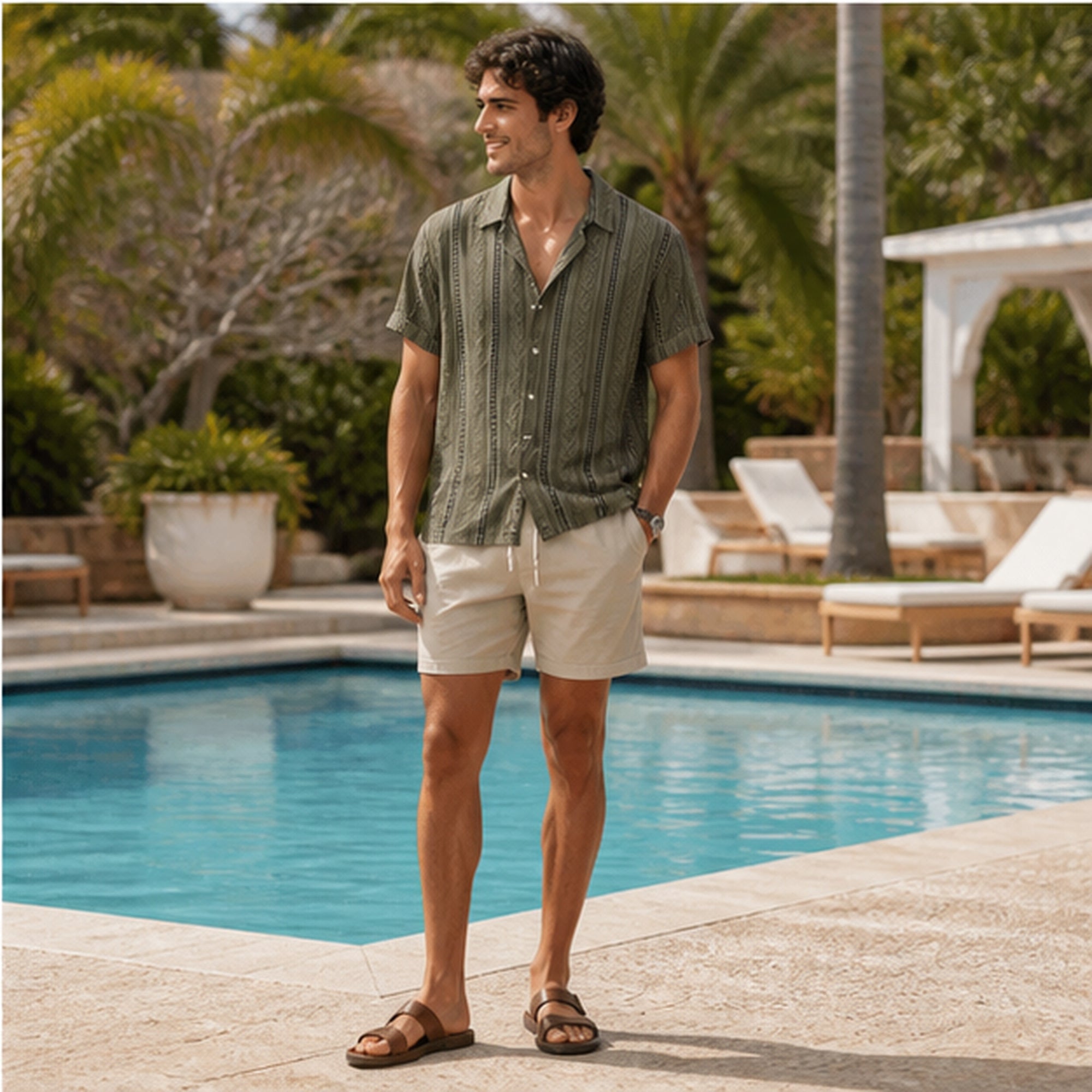 Palelian darkgreen shirt and stone shorts styled beside a resort pool