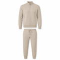 Palemont sand full-zip knit jacket and matching jogger trousers, front ghost mannequin view