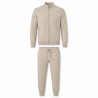 Palemont sand full-zip knit jacket and matching jogger trousers, front ghost mannequin view