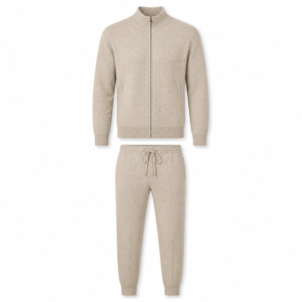 Palemont sand full-zip knit jacket and matching jogger trousers, front ghost mannequin view